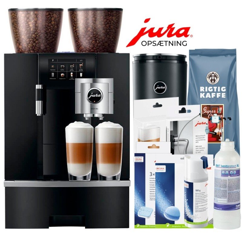 Jura Giga X8c (EB) Alu Black Espressomaskine Inkl. 1L Cooler, Pleje, 12kg Kaffe & Opsætning