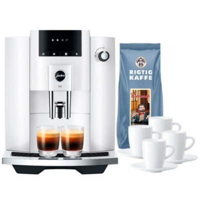 Jura E4 (EA) Piano White Espressomaskine Inkl. Kopper & 500g Rigtig Kaffe DK sprog