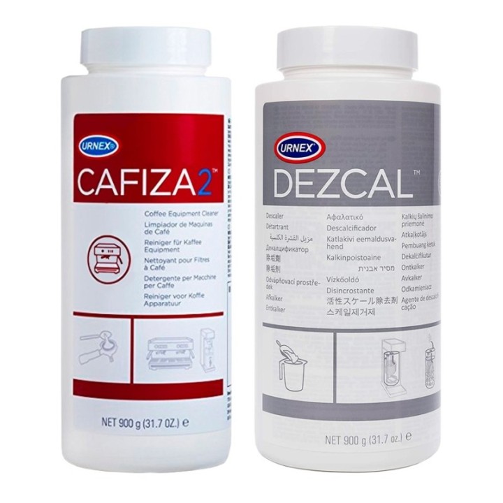 Urnex plejepakke som består af 900g Cafiza2 backflush pulver og 900g Dezcal afkalkningspulver. 