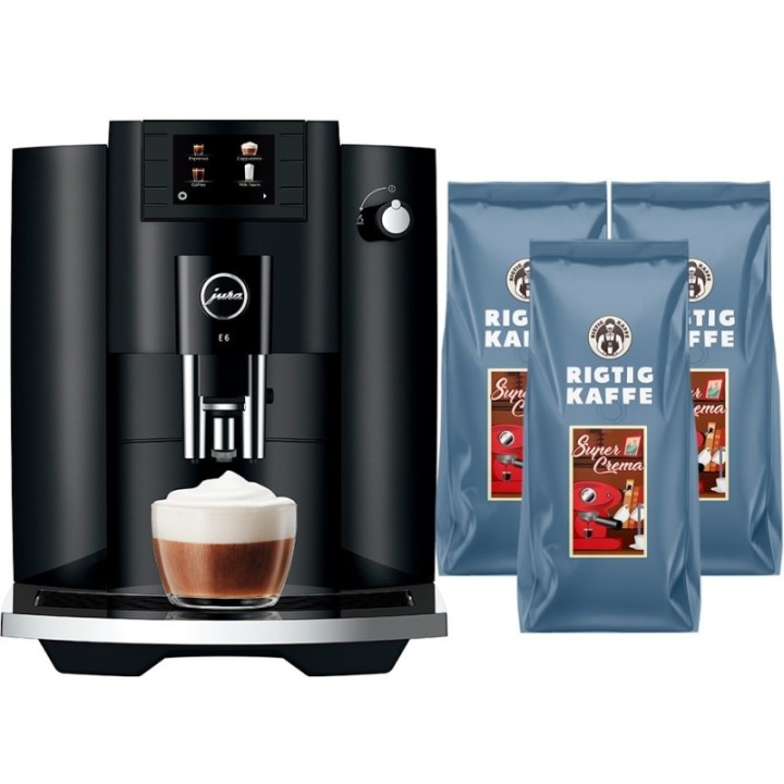 Jura E6 (EC) Piano Black Espressomaskine Inkl. 3kg Rigtig Kaffe Super Crema