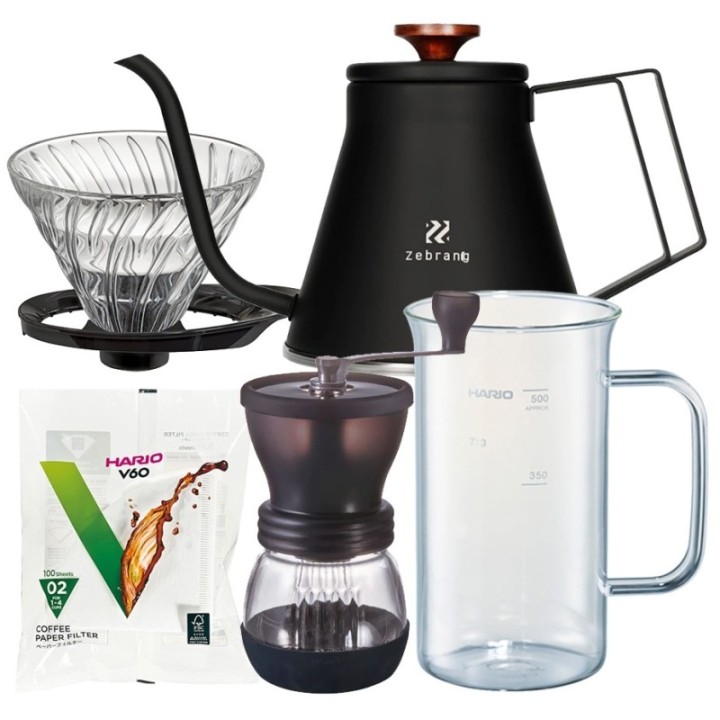 Hario Filterbryg Sæt Inkl. Gooseneck Kedel, Dripper 2 Kop, Server, Kaffemølle & Filtre