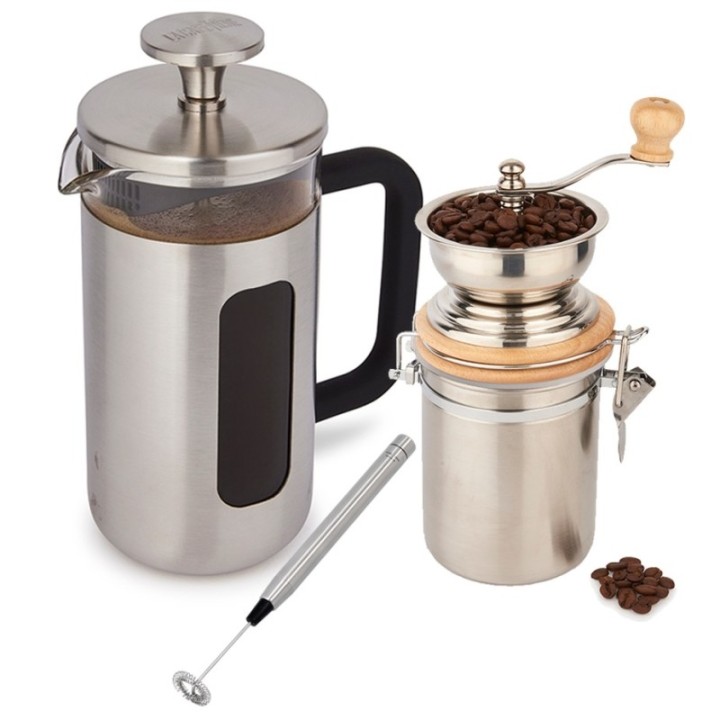 La Cafetière Pisa 3 Kop. Stempelkande Rustfrit Stål, Kaffemølle og mælkeskummer