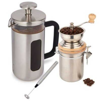 La Cafetière Pisa 8 Kop. Stempelkande Rustfrit Stål, Kaffemølle og Mælkeskummer