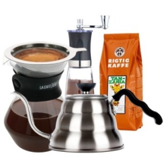 La Cafetière Pour Over 3 Kop., Hario V60 Kedel, Manuel Kaffemølle og 400g Hele kaffebønner