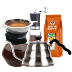 La Cafetière Pour Over 3 Kop., Hario V60 Kedel, Manuel Kaffemølle og Rigtig Kaffe Tanzania No. 2 - 400g Hele kaffebønner