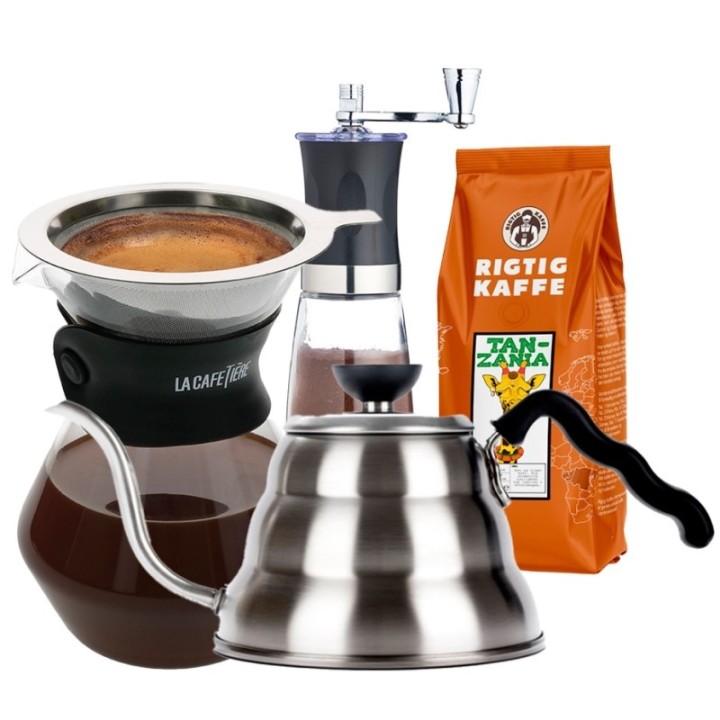La Cafetière Pour Over 3 Kop., Hario V60 Kedel, Manuel Kaffemølle og 400g Hele kaffebønner