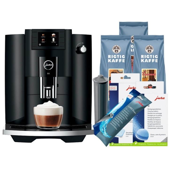 Jura E6 (EC) Piano Black Inkl. Filter, Rens, Afkalkning & 1500g kaffe