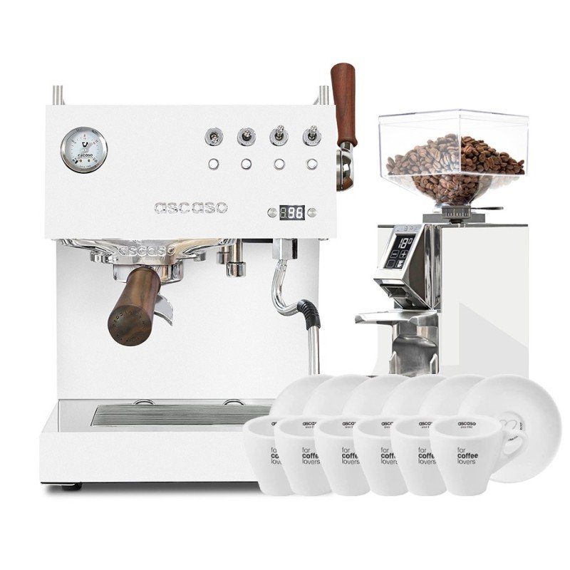 Ascaso Steel Duo Plus White Espressomaskine Inkl. Eureka Mignon Libra Chrome/Hvid Espressokværn & Cappuccinokopper