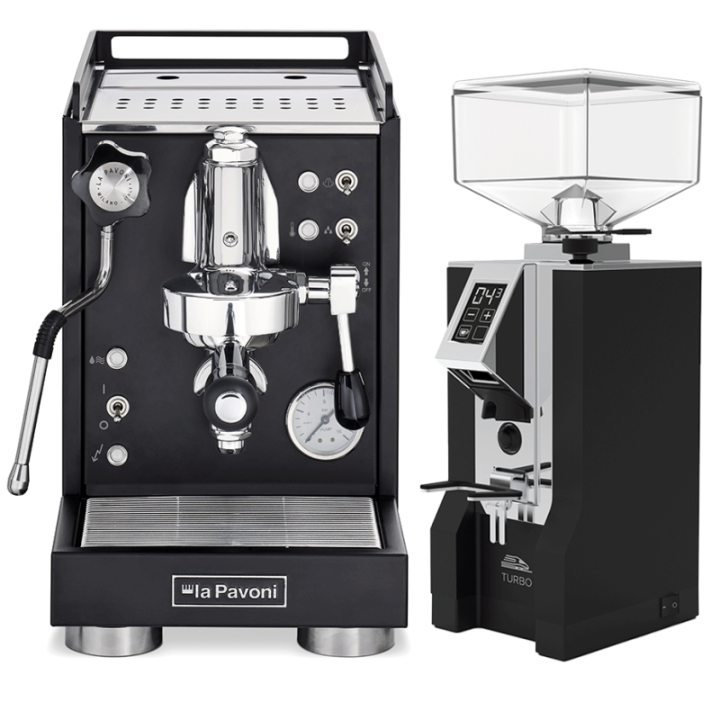 La Pavoni Mini Cellini Sort LPSMCB01EU Espressomaskine Inkl. Eureka Mignon Turbo Chrome/Sort Espressokværn