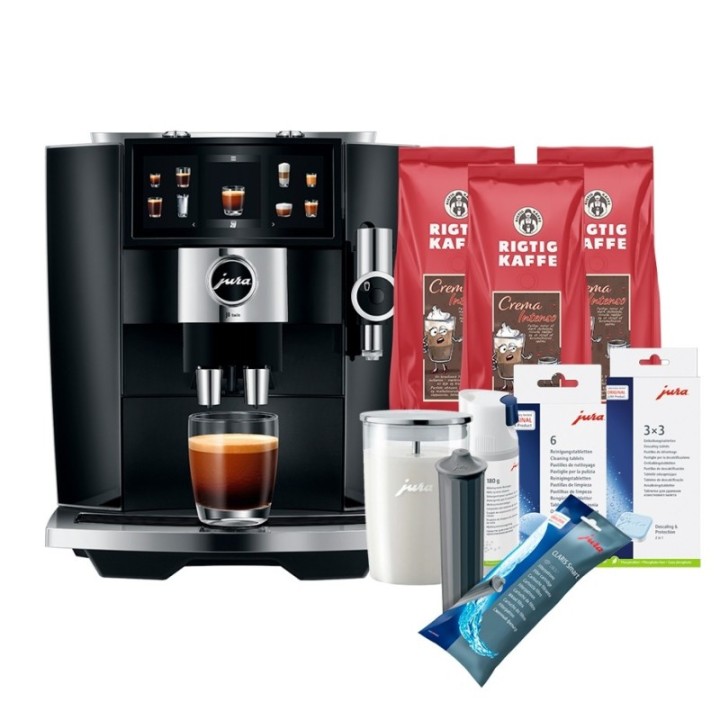 Jura J8 Twin (EA) Diamond Black Espressomaskine Inkl. Startpakke DK sprog, Inkl. Mælkebeholder, 3kg Rigtig Kaffe & Pleje
