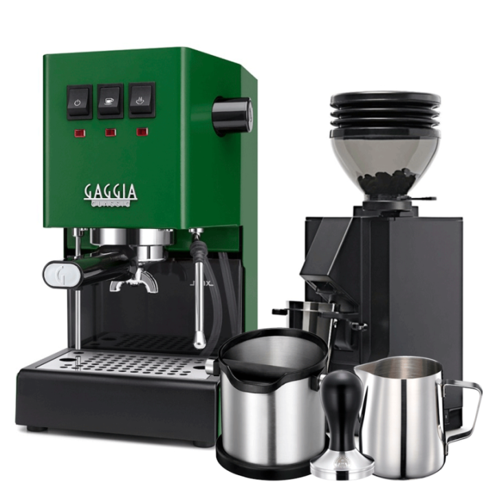 Gaggia Classic E24 Jungle Green Espressomaskine Inkl Eureka Mignon Zero 55s Mat Sort Espressokværn & Baristaudstyr