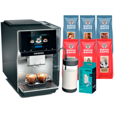 Siemens TP715R07 EQ700 Inox Silver Metallic Espressomaskine Inkl. Mælkebeholder, Plejepakke & 3kg Rigtig Kaffe Mixpakke