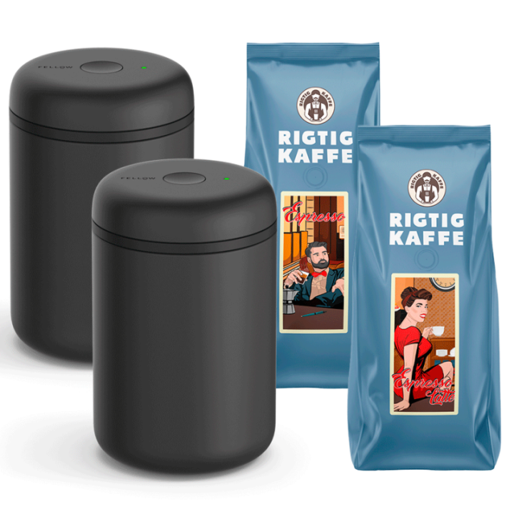 Fellow Atmos Vakuum Kaffebeholder Sort 1,2 L 2 stk Inkl. 2x500g Rigtig Kaffe Espresso & Espresso Latte