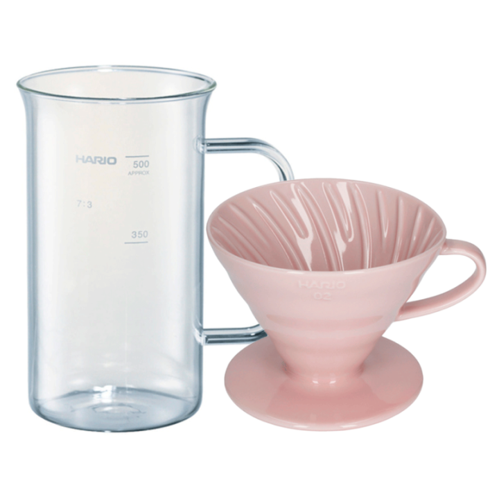 Hario Craft Science Beaker Server 50 cl Inkl. Hario V60-02 Keramik Dripper Pink 2 Kop.