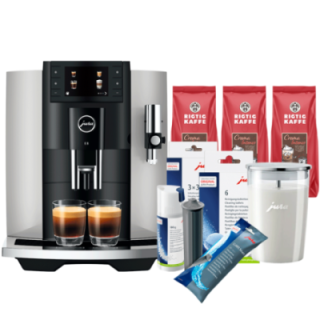 Jura E8 (EC) Platin Espressomaskine Inkl. Startpakke (DK sprog), Mælkebeholder, 3kg Rigtig Kaffe & Pleje