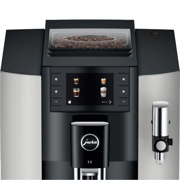 Jura E8 (EC) Platin Espressomaskine Inkl. Startpakke (DK sprog), Mælkebeholder, 3kg Rigtig Kaffe & Pleje