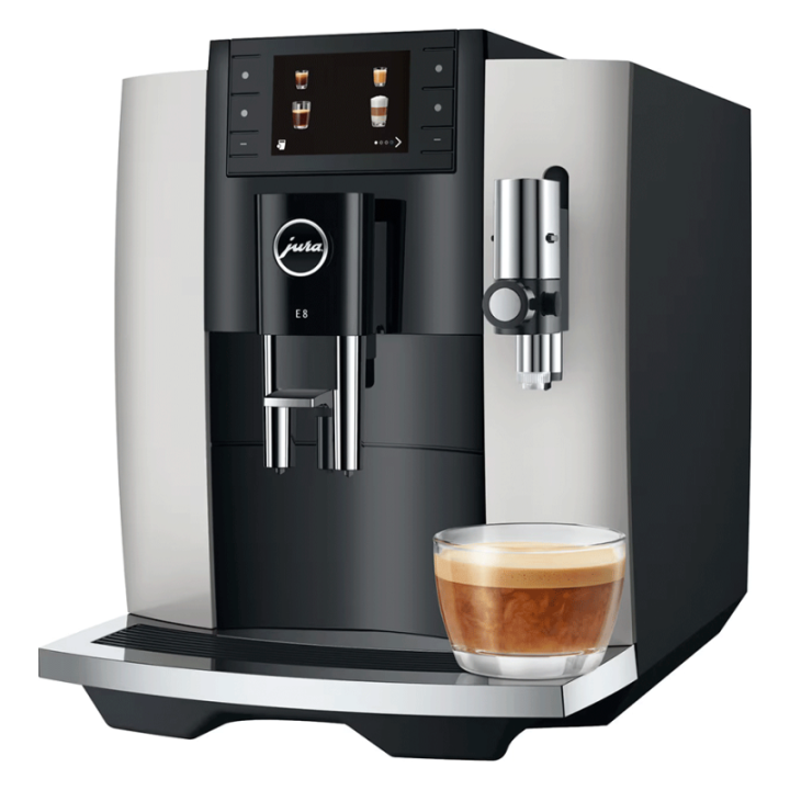 Jura E8 (EC) Platin Espressomaskine Inkl. Startpakke (DK sprog), Mælkebeholder, 3kg Rigtig Kaffe & Pleje