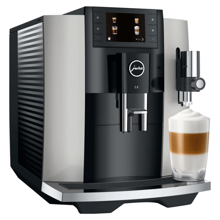 Jura E8 (EC) Platin Espressomaskine Inkl. Startpakke (DK sprog), Mælkebeholder, 3kg Rigtig Kaffe Super Crema & Pleje