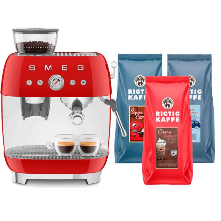 Smeg EGF03RDEU Manuel espressomaskine Inkl. Kværn Rød & Rigtig Kaffe Bestseller Mixpakke 3kg Hele kaffebønner
