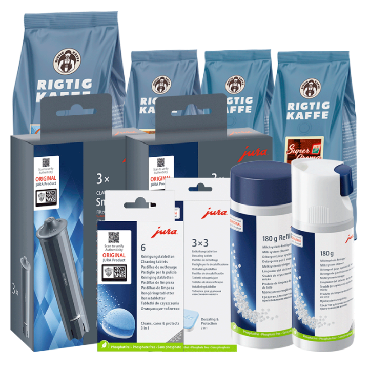 Jura Plejepakke - Claris Smart+ Filtre 6 stk, Rens, Afkalkning & 2,5kg Rigtig Kaffe Hele kaffebønner