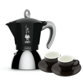 Bialetti Moka Induktion 4 Kop. Espressokande Sort Inkl. Club House Tulipano Espresso m. Underkop Mat Brun 7 cl 2 Stk