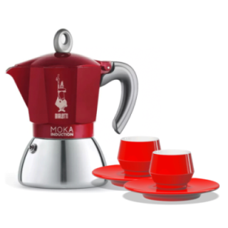 Bialetti Moka Induktion 6 Kop. Espressokande Rød Inkl. Club House Maniko Espresso m. Underkop Rød 7 cl 2 Stk