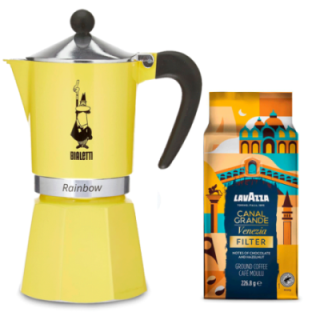 Bialetti Primavera Rainbow 6 Kop. Espressokande Gul Inkl. Lavazza Tales of Italy Canal Grande 226,8g Formalet kaffe