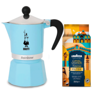 Bialetti Primavera Rainbow 3 Kop. Espressokande Lyseblå Inkl. Lavazza Tales of Italy Canal Grande 226,8g Formalet kaffe