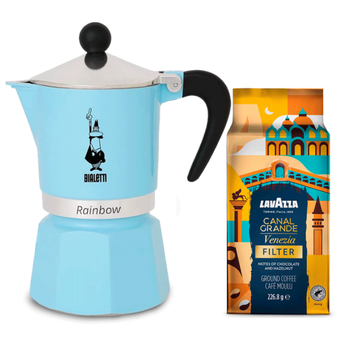 Bialetti Primavera Rainbow 3 Kop. Espressokande Lyseblå Inkl. Lavazza Tales of Italy Canal Grande 226,8g Formalet kaffe