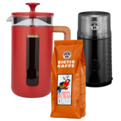 La Cafetière Pisa 8 Kop. Stempelkande Rød Inkl. House of Barista Elektrisk Kaffemølle & Rigtig Kaffe 400g Hele kaffebønner