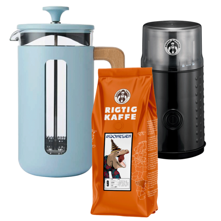 La Cafetière Pisa 8 Kop. Stempelkande Himmelblå Inkl. House of Barista Elektrisk Kaffemølle & 400g Rigtig Kaffe