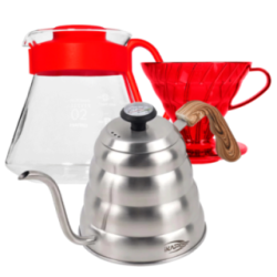 Hario V60 Filterbryg Sæt Rød Inkl. Range Server 0,6 L, Dripper 2 Kop., IKAPE Pour Over Kedel med Termometer 1,2 L & Filtre