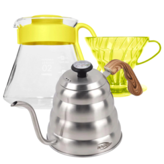 Hario V60 Filterbryg Sæt Gul Inkl. Range Server 0,6 L, Dripper 2 Kop., IKAPE Pour Over Kedel med Termometer 1,2 L & Filtre