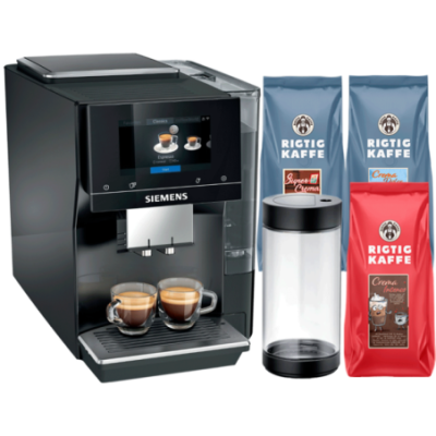 Siemens TP713R19 EQ700 Classic Piano Sort Espressomaskine Inkl. Mælkebeholder Glas & Rigtig Kaffe Mixpakke 3kg Hele kaffebønner