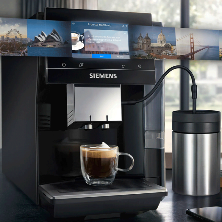 Siemens TP713R19 EQ700 Classic Piano Sort Espressomaskine Inkl. Mælkebeholder Glas & Rigtig Kaffe Mixpakke 3kg Hele kaffebønner