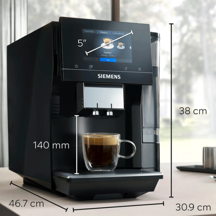 Siemens TP713R19 EQ700 Classic Piano Sort Espressomaskine Inkl. Mælkebeholder Glas & Rigtig Kaffe Mixpakke 3kg Hele kaffebønner