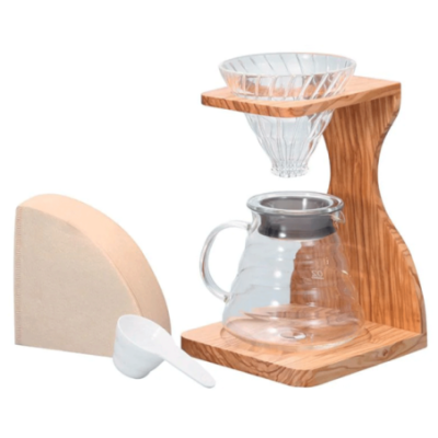 Hario V60 Pour Over Sæt 2 Kop. Inkl. Filtre, Måleske & Stand Oliventræ