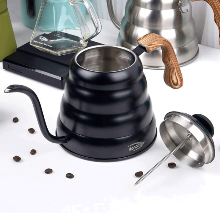 IKAPE Pour Over Kedel med Termometer 1,2 L Sort Inkl. La Cafetière Pour Over 3 Kop.