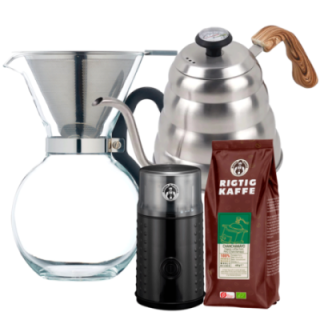 IKAPE Pour Over Kedel 1,2 L Stål Inkl. La Cafetière Pour Over 8 Kop., Kaffemølle & Rigtig Kaffe Organic Chanchamayo 400g