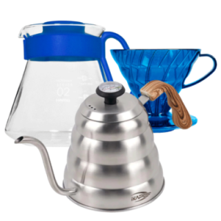 Hario V60 Filterbryg Sæt Blå Inkl. Range Server 0,6 L, Dripper 2 Kop., IKAPE Pour Over Kedel med Termometer 1,2 L & Filtre