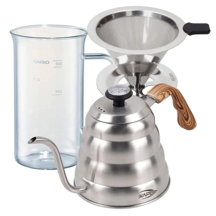 IKAPE Pour Over Kedel med Termometer 1,2 L Stål Inkl. La Cafetière Dripper 1 Kop. & Hario Craft Science Beaker Server 50 cl