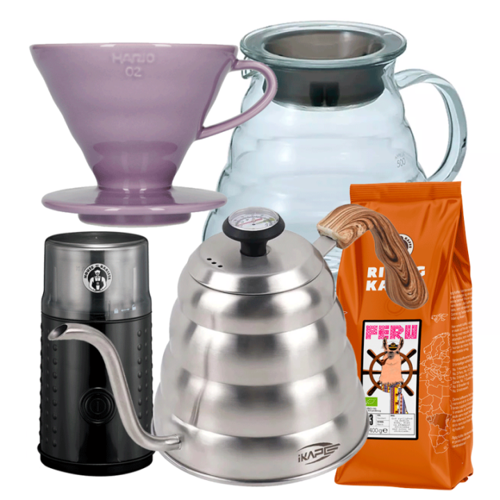 Hario Filterbryg Sæt Inkl. V60 Dripper 2 Kop. Lilla, Server 0,6 L, IKAPE Kedel 1,2 L, Kaffemølle & 400g Rigtig Kaffe
