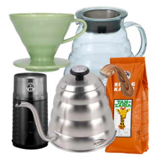 Hario Filterbryg Sæt Inkl. V60 Dripper 2 Kop. Grøn, Server 0,6 L, IKAPE Kedel 1,2 L, Kaffemølle & 400g Rigtig Kaffe
