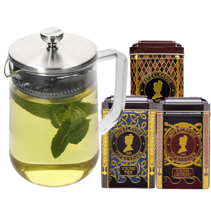 La Cafetière 4 Kop. Tebrygger Stål/Glas Inkl. Østerlandsk Thehus Pyramidetebreve 36 stk