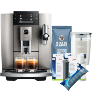 Jura E8 (ED) Midnight Silver Espressomaskine Inkl. Startpakke (DK sprog), Rens, Afkalkning, Filter, Mælkebeholder & 1kg Kaffe