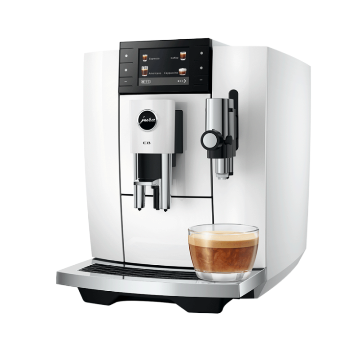 Jura E8 (ED) Piano White Espressomaskine Inkl. Startpakke (DK sprog), Rens, Afkalkning, Filter, Mælkebeholder & 1kg Kaffe