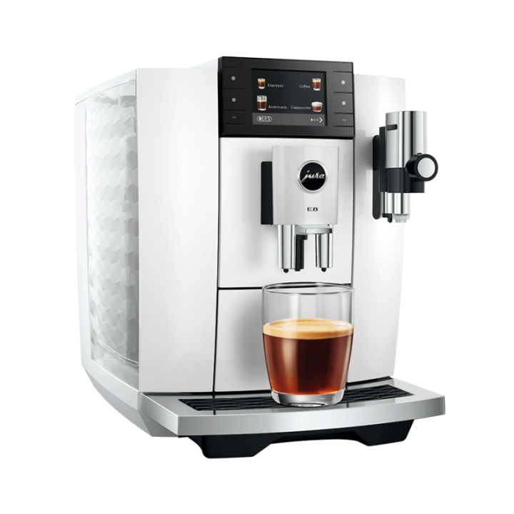 Jura E8 (ED) Piano White Espressomaskine Inkl. Startpakke (DK sprog), Rens, Afkalkning, Filter, Mælkebeholder & 1kg Kaffe