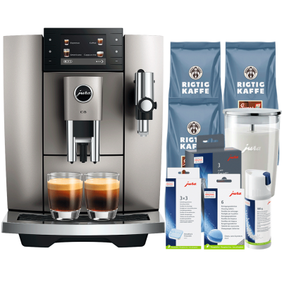 Jura E8 (ED) Midnight Silver Espressomaskine Inkl. Startpakke (DK sprog), Pleje, Filtre, Mælkebeholder & 3kg Super Crema