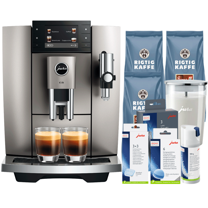 Jura E8 (ED) Midnight Silver Espressomaskine Inkl. Startpakke (DK sprog), Pleje, Filtre, Mælkebeholder & 3kg Super Crema