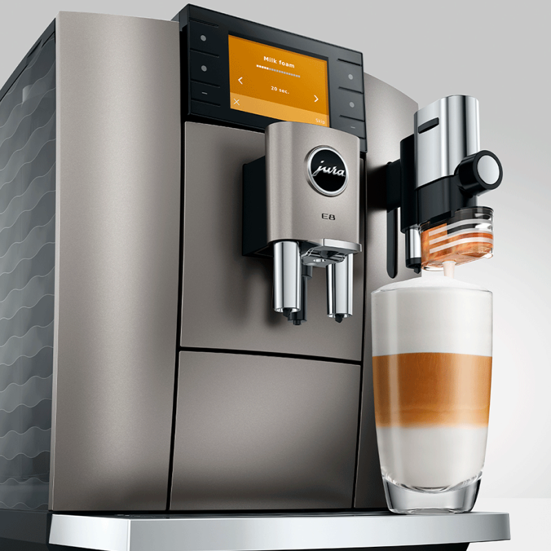 Jura E8 (ED) Midnight Silver Espressomaskine Inkl. Startpakke (DK sprog), Pleje, Filtre, Mælkebeholder & 3kg Super Crema